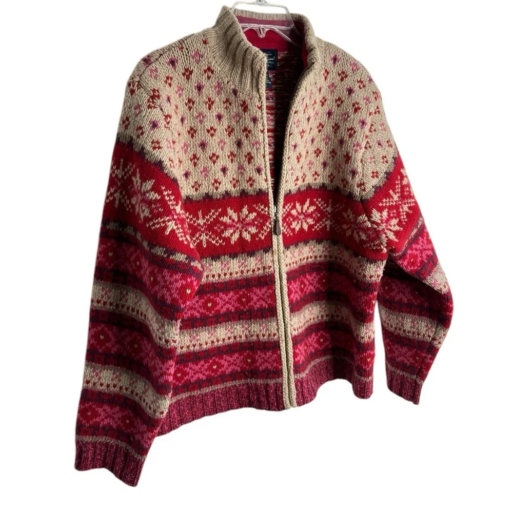Eddie Bauer Red and Cream Patterned Cardigan - Picture 2 of 13